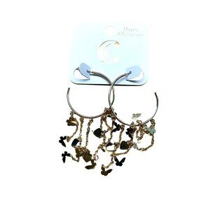 Butterfly Heart Gold-Tone Hoop Earrings With Charms Hypoallergenic